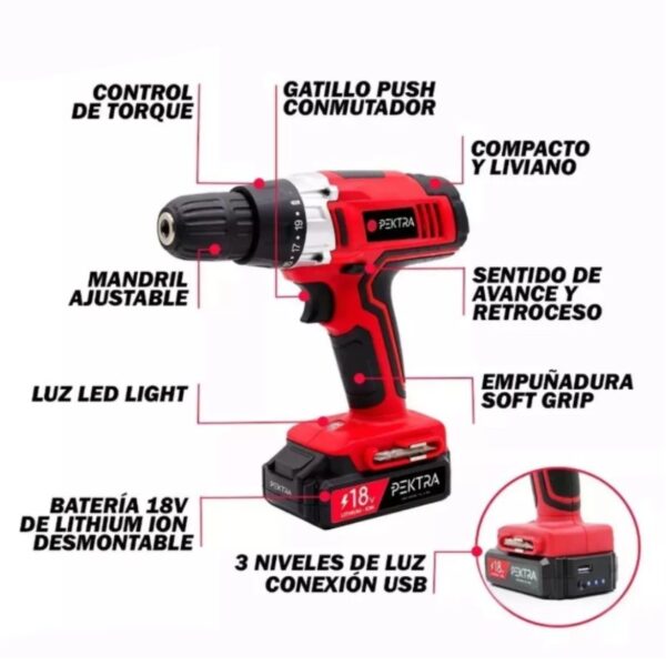 Taladro Atornillador Inalámbrico Pektra 18v - Imagen 2